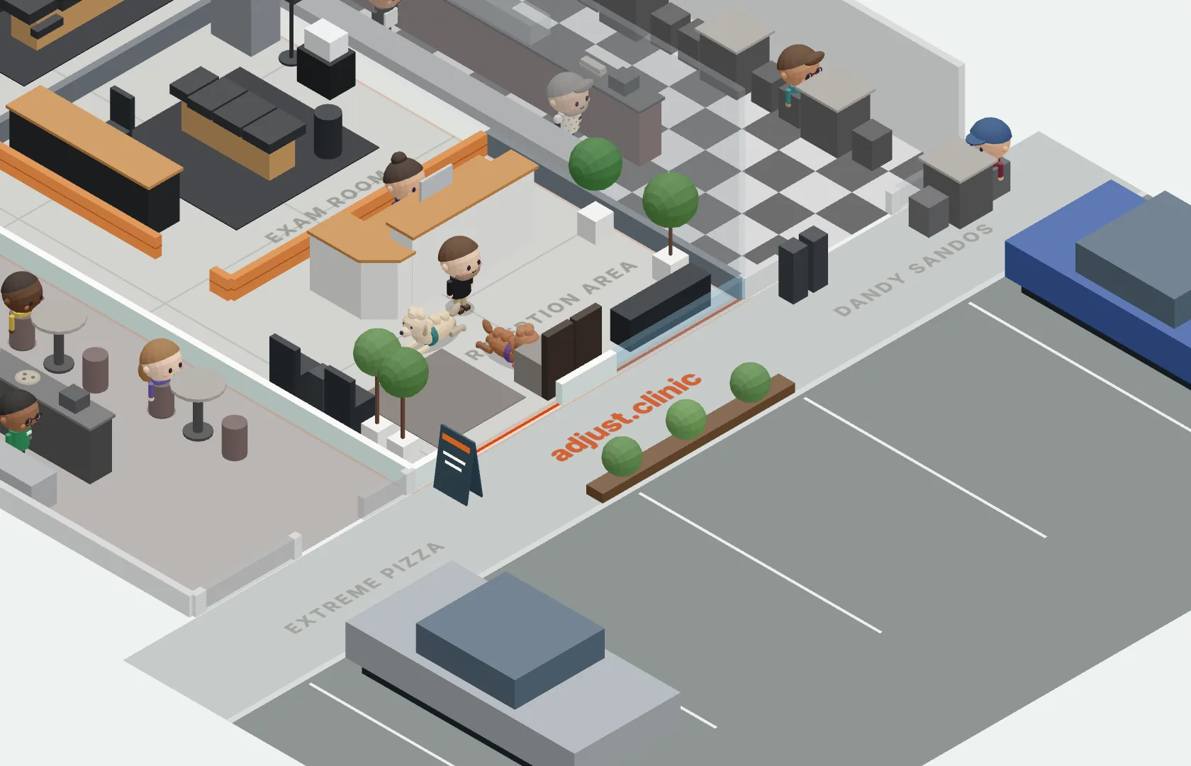 Overhead view of the clinic: the reception area and front desk by the storefront, the exam room, the hallway, and the adjusting and rehab area at the back.