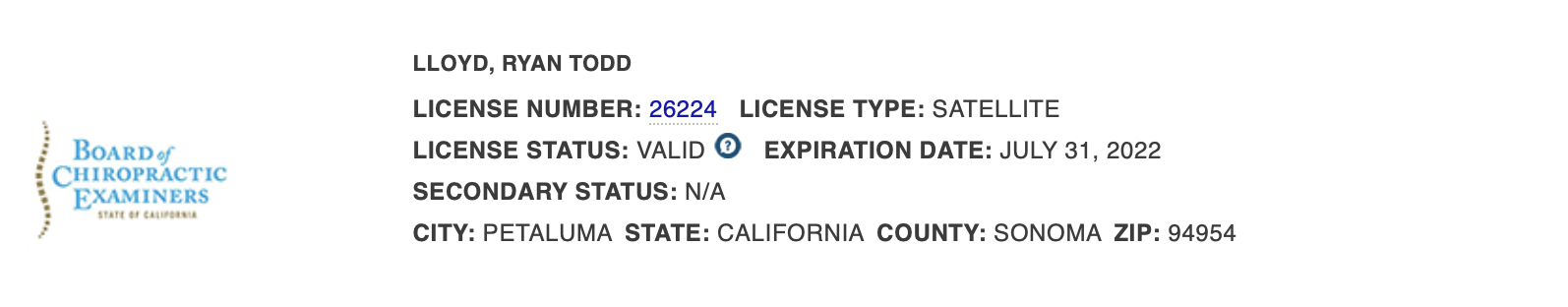 california license lookup chiropractor