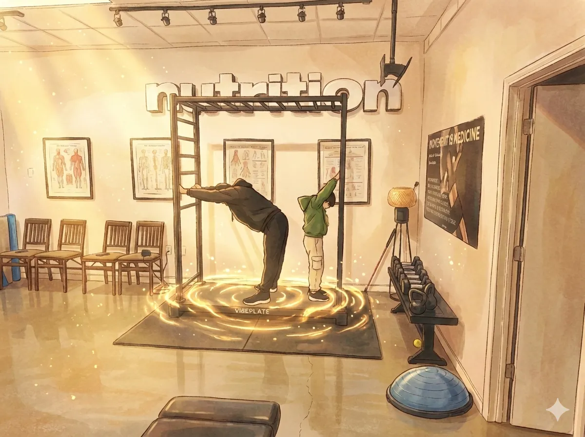 Patient on whole-body vibration platform during therapy