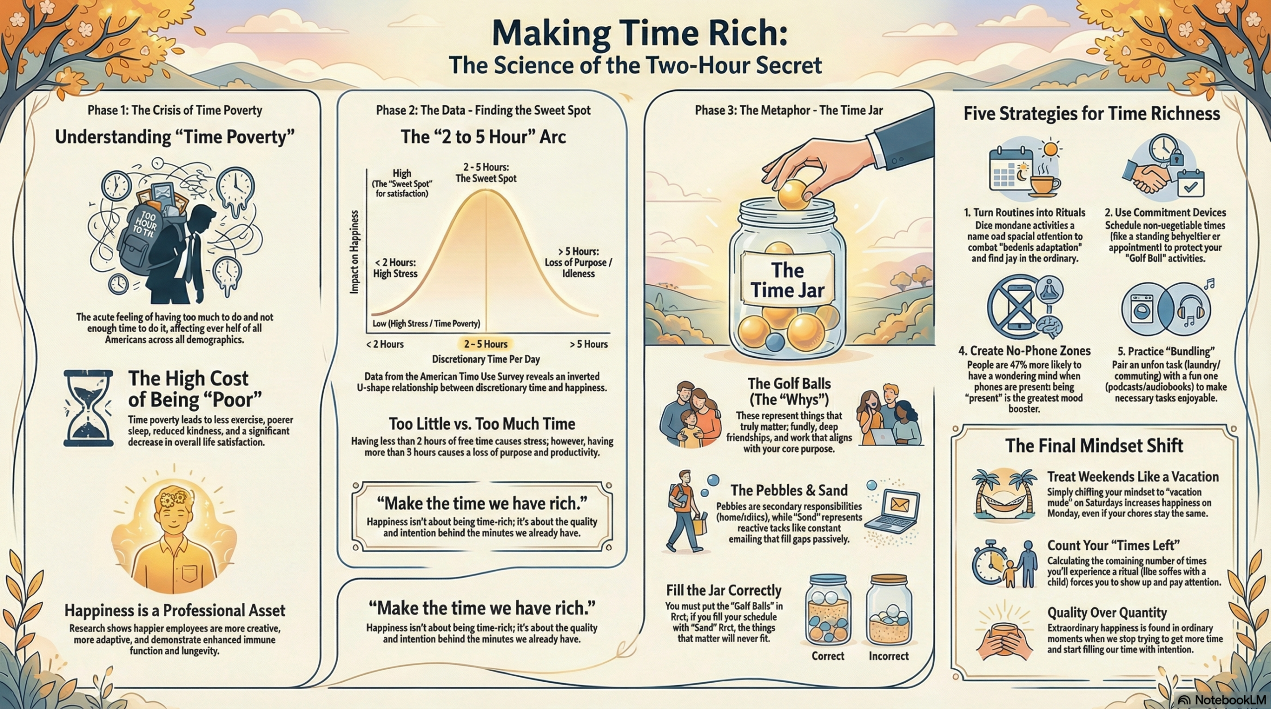 Inverted U-shape graph showing the relationship between discretionary time and happiness — the sweet spot is around two hours per day