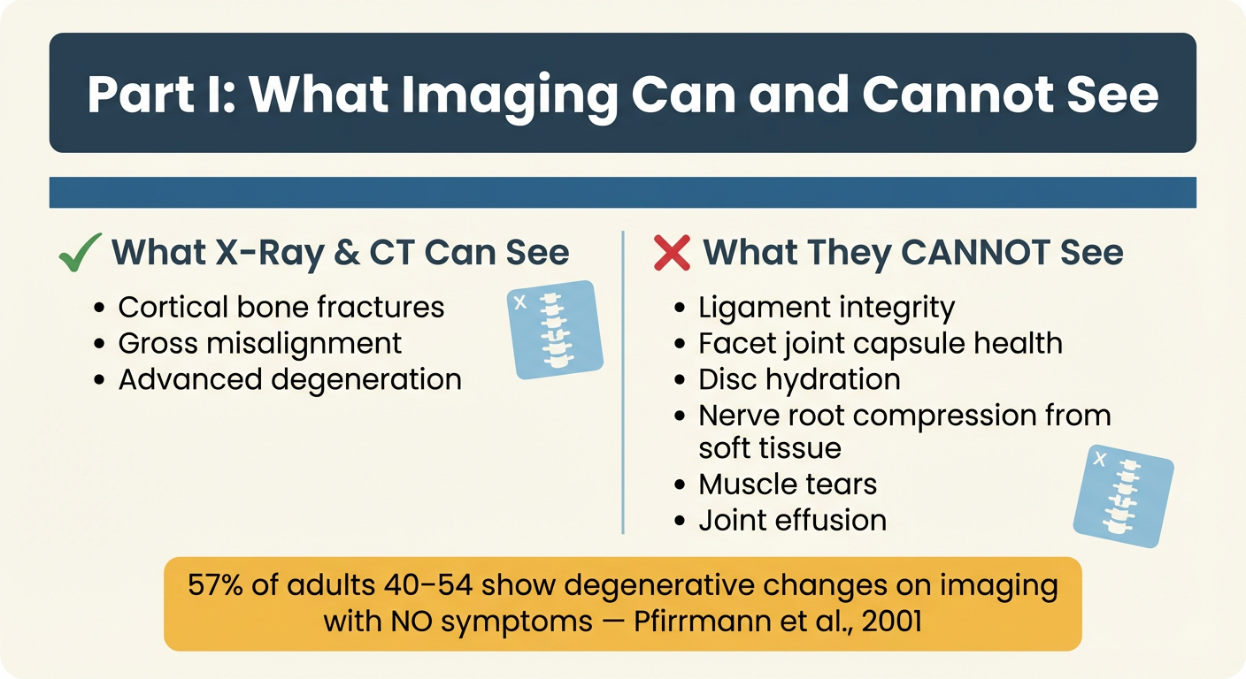 Beyond the X-Ray: Why Absence of Evidence Is Not Evidence of Absence in Whiplash and Low-Velocity Collision Injuries 4 Infographic — What Imaging Can and Cannot See