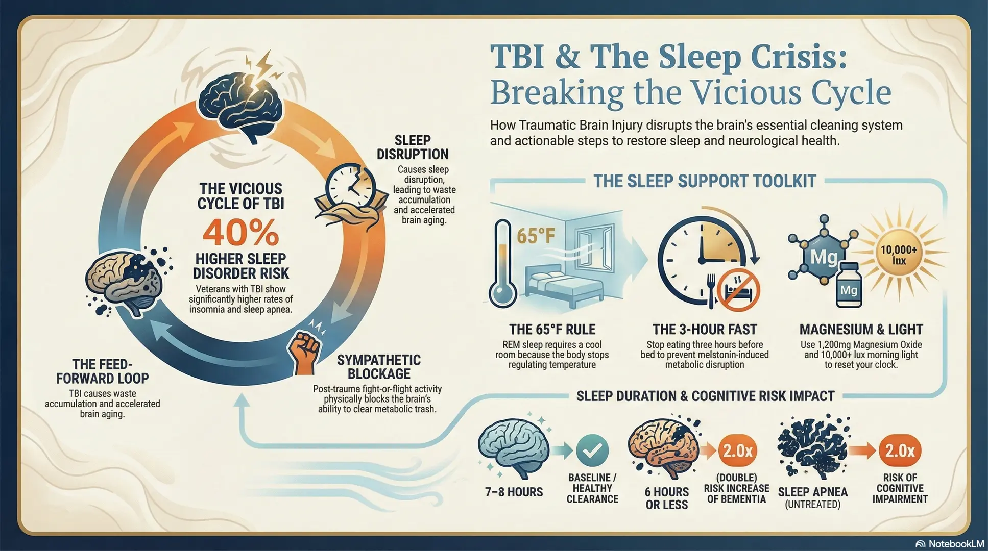 Your Brain Is Listening — Whether You Challenge It or Let It Sleep 8 Illustration of the TBI feed-forward cycle — brain injury disrupts sleep which accelerates neurodegeneration