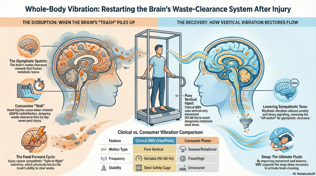Whole-Body Vibration for Concussion and Whiplash Recovery — What the Science Says, and Why Your Brain's Waste-Clearance System Matters More Than You Think