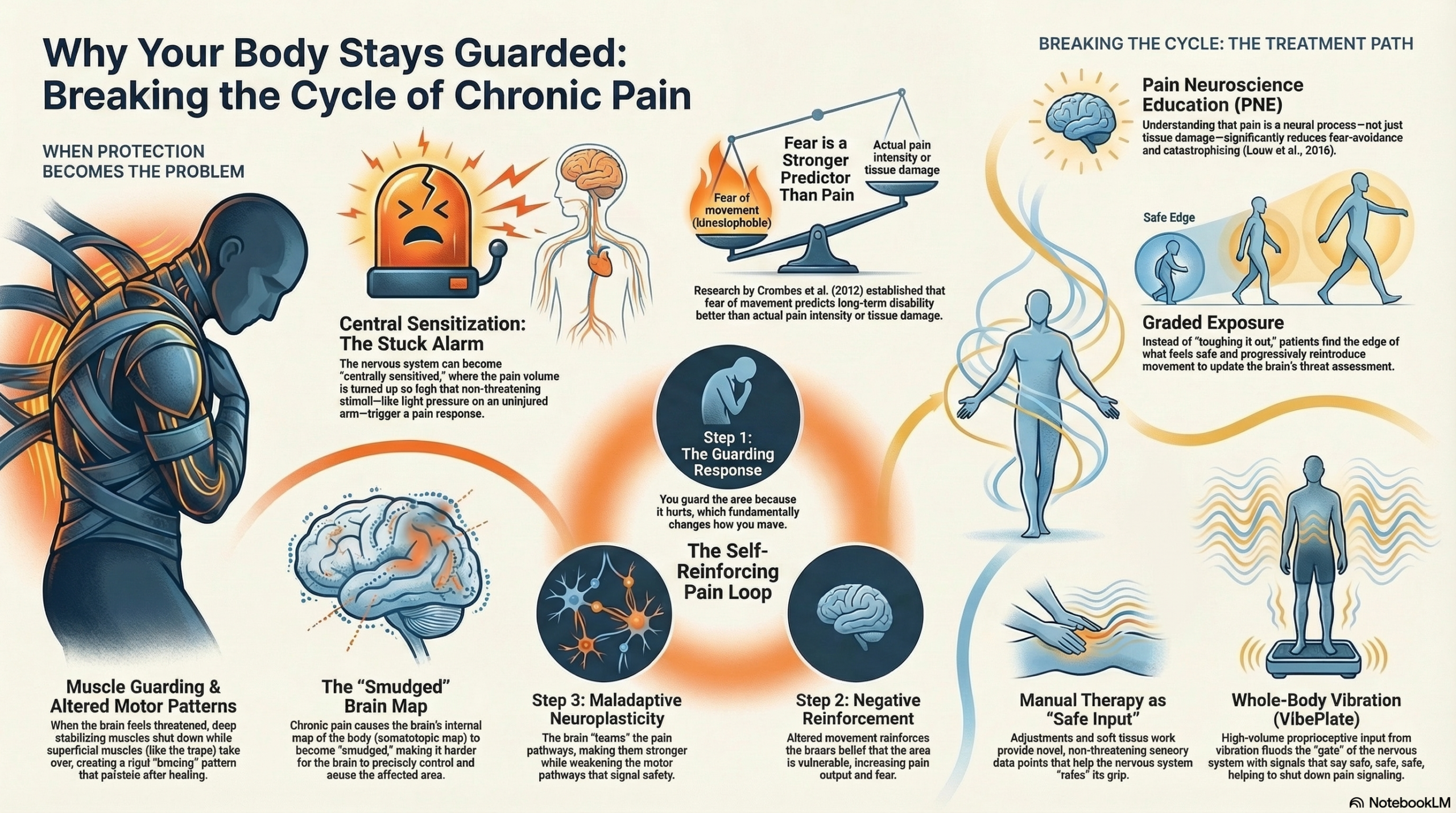 Pain as Protection: Why Your Body Guards After Injury and How to Break the Cycle 6 Diagram showing why the body stays guarded after injury — muscle guarding, fear-avoidance, and central sensitization
