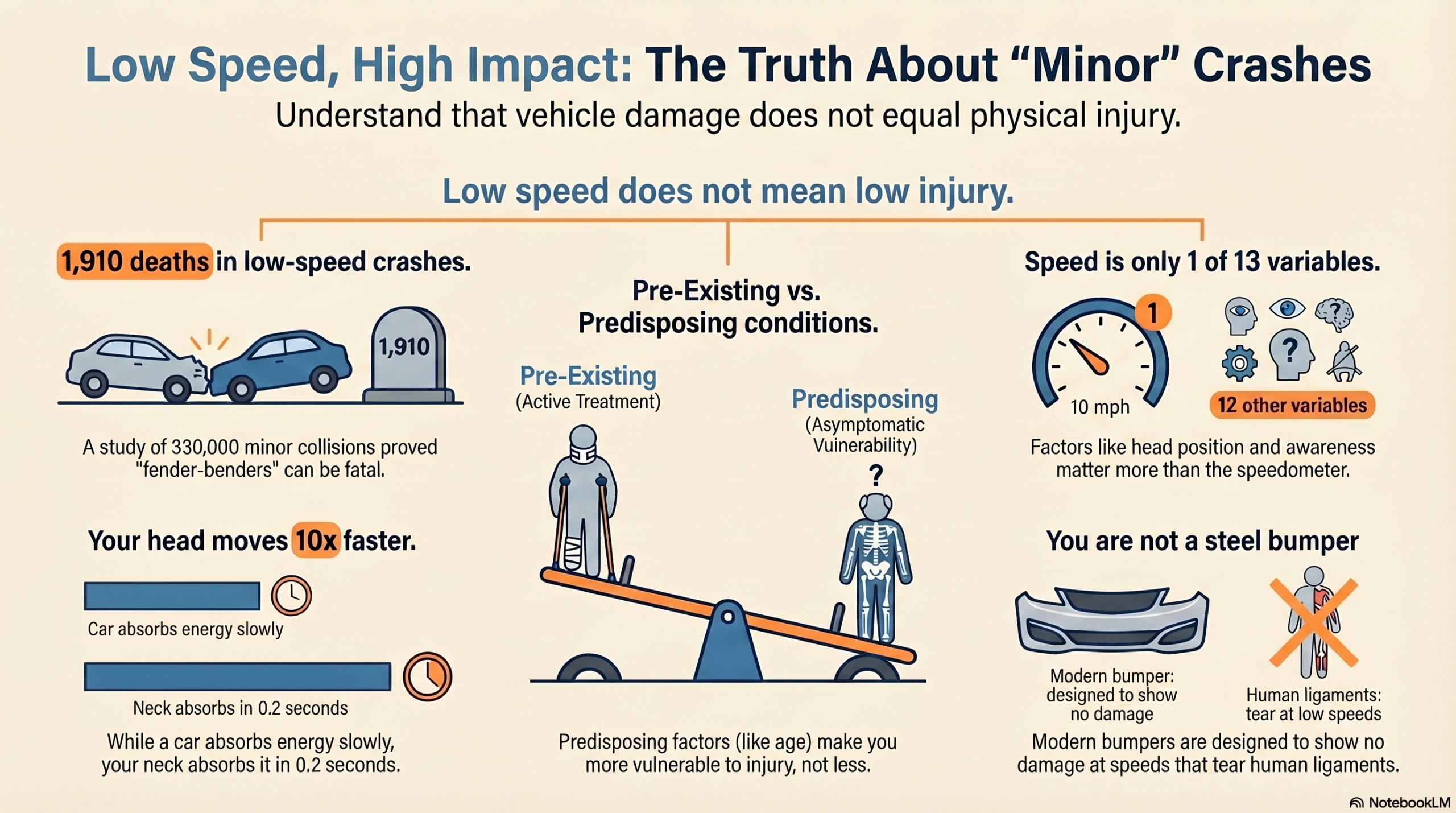 Infographic showing how low-speed crashes still produce high forces on the human body