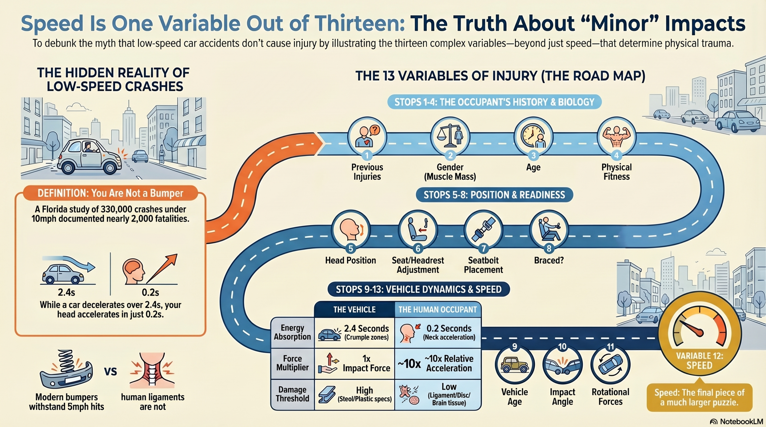 Infographic listing the 13 variables that affect injury risk in a motor vehicle collision, with speed listed last