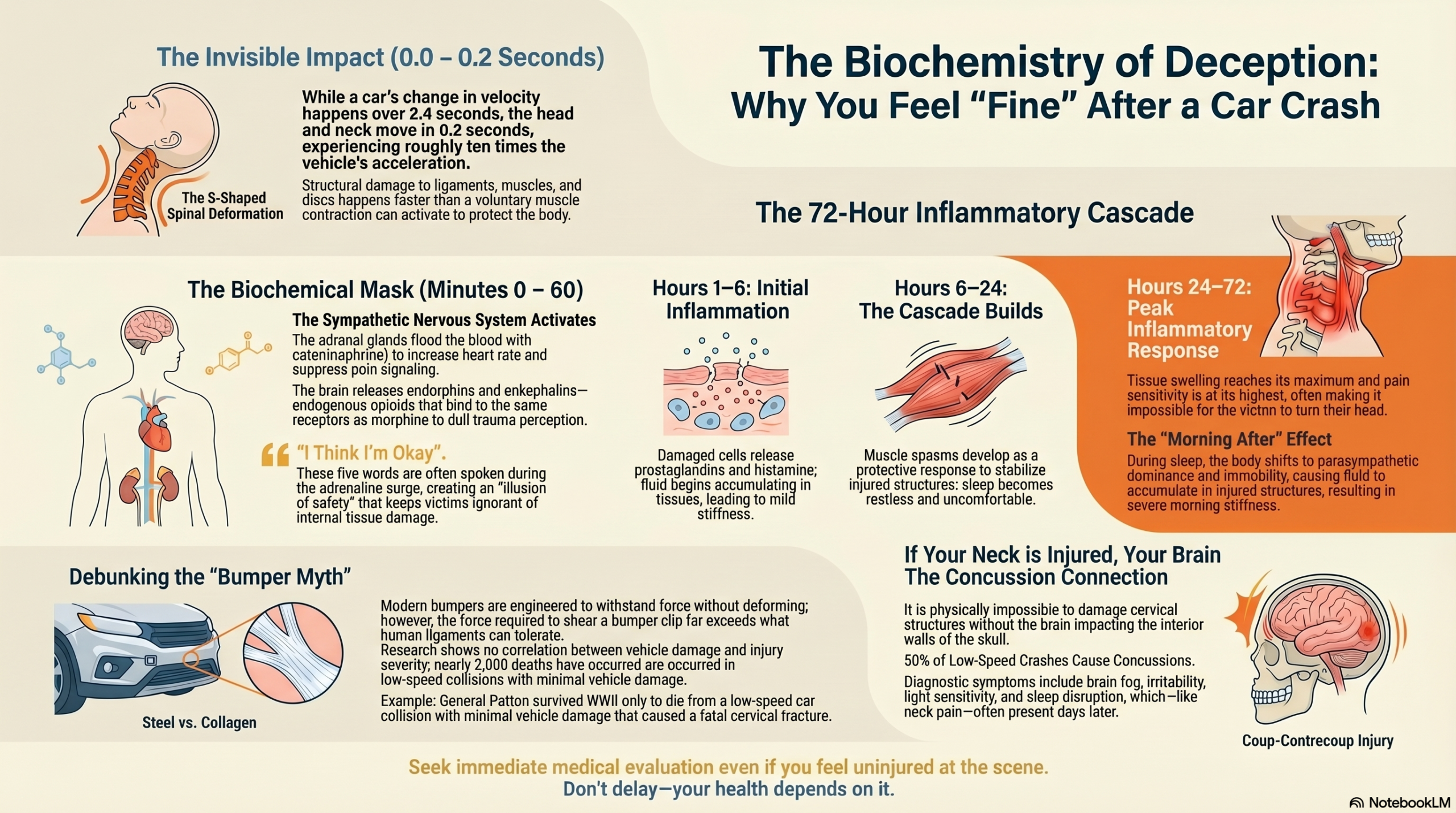 The Illusion of Immediate Safety 5 The biochemistry of deception — why you feel fine after a car crash, showing the adrenaline and endorphin response