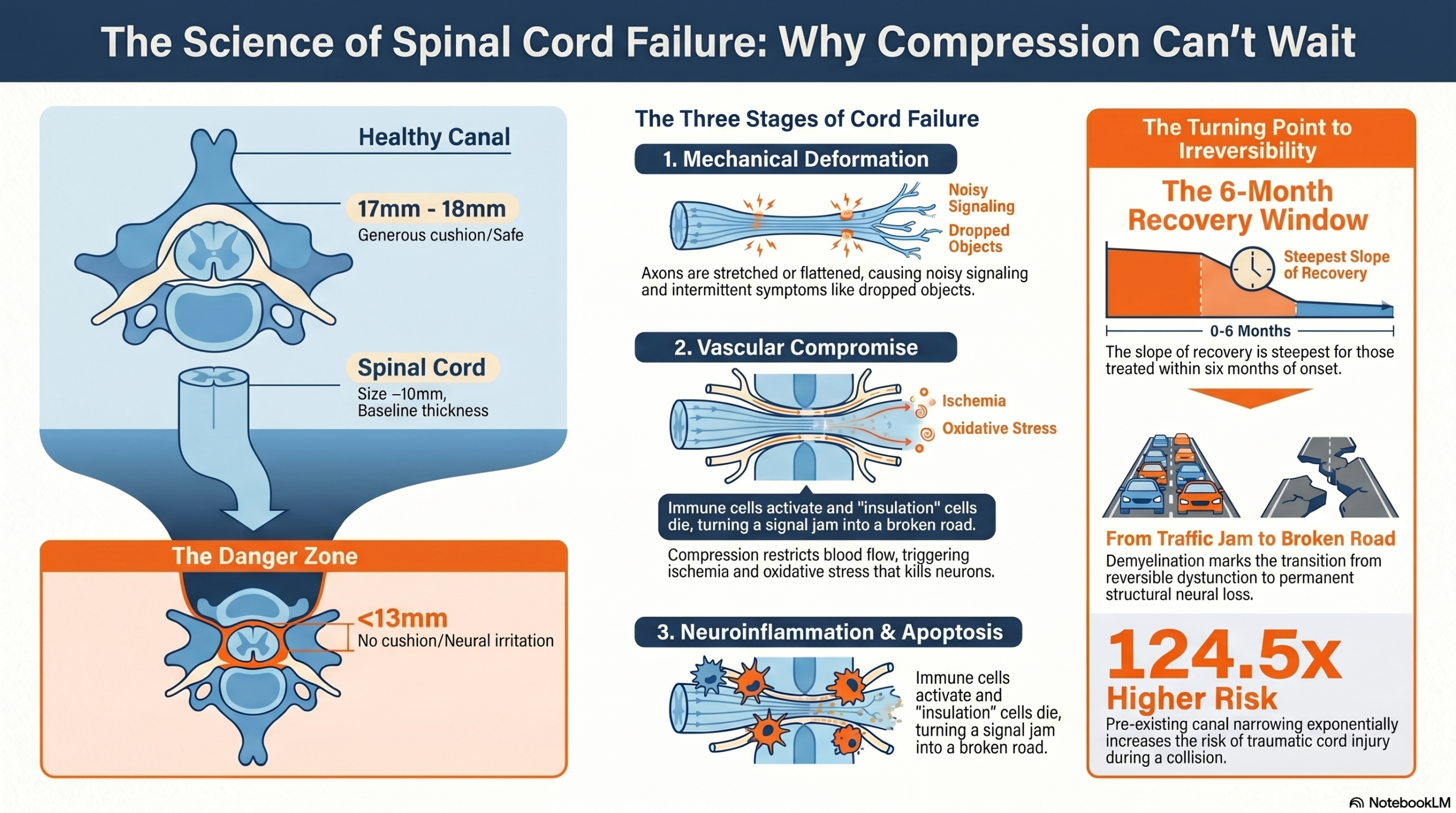 Quiet myelopathy 4 Infographic showing the three-stage cascade of spinal cord compression: mechanical deformation, vascular compromise, and neuroinflammation