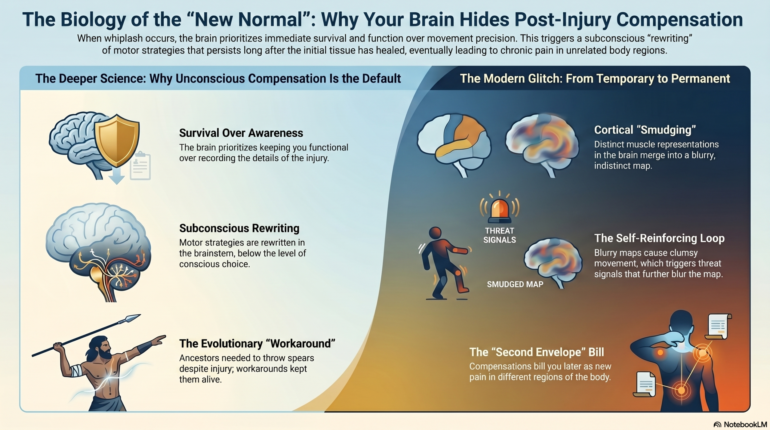 Infographic: The Deeper Science — why unconscious compensation becomes the default after injury