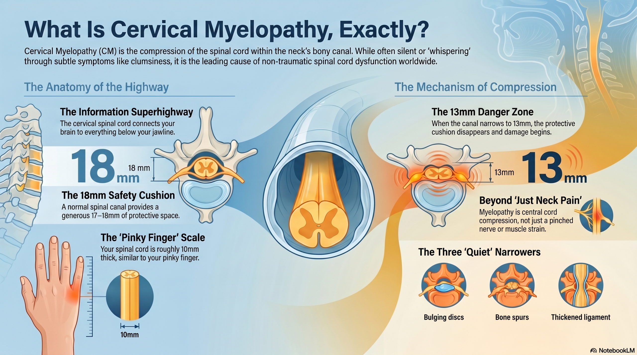 Quiet myelopathy 3 Diagram showing cervical spinal canal narrowing and spinal cord compression in cervical myelopathy