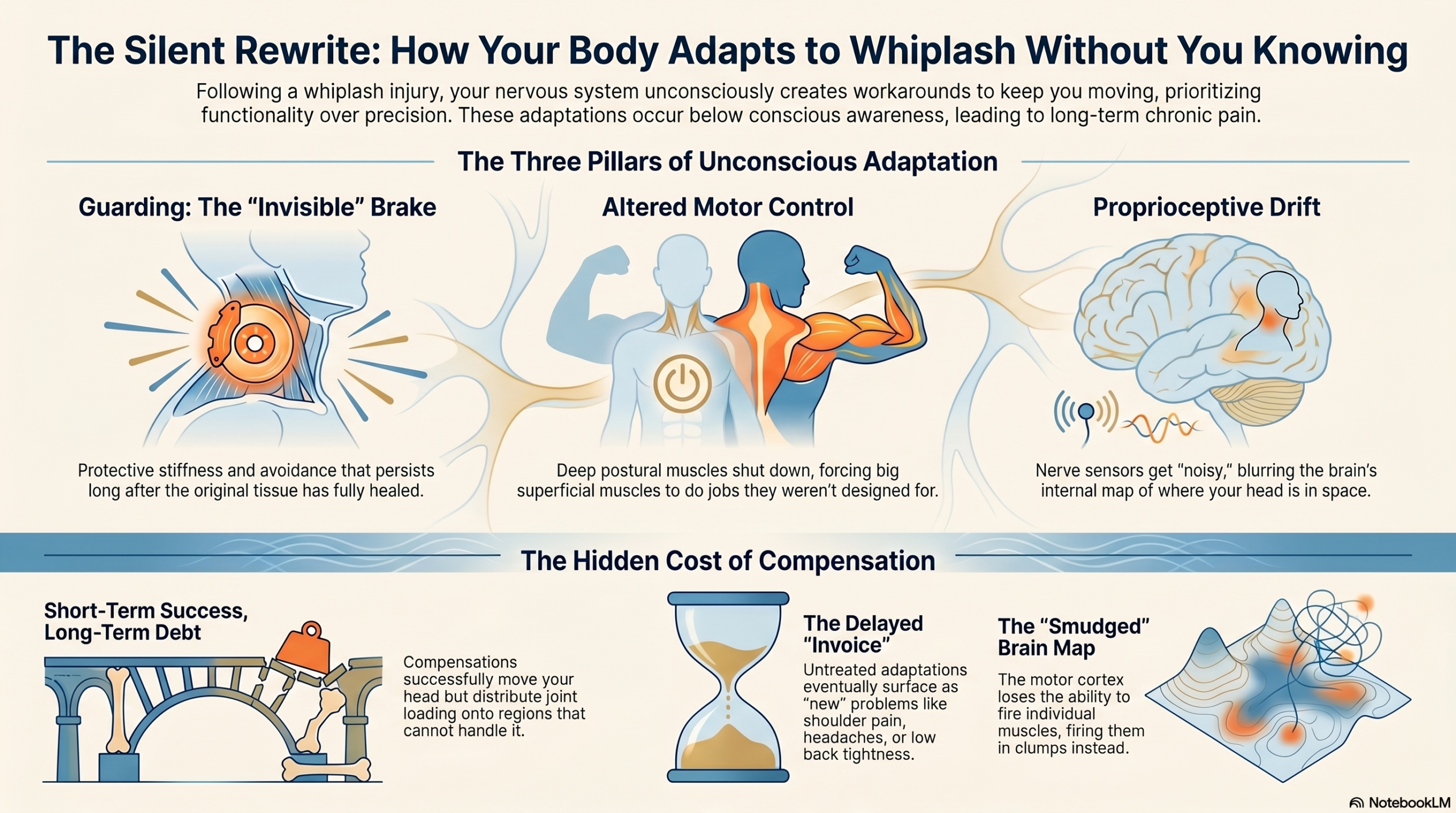Infographic showing the three unconscious changes after whiplash: guarding, altered motor control, and proprioceptive drift
