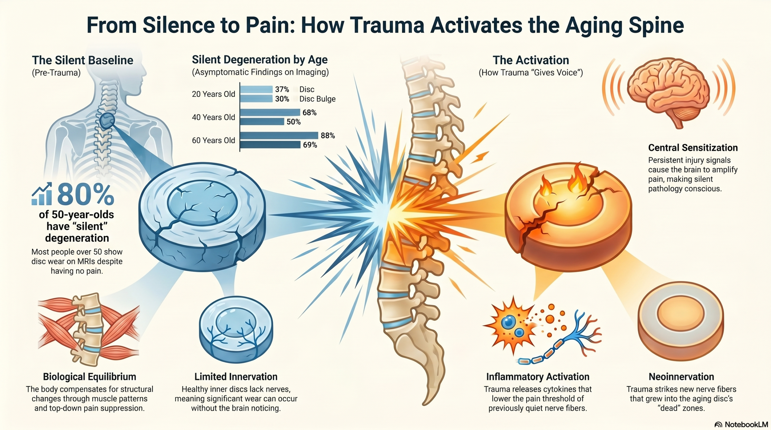 How trauma activates silent spinal pathology — inflammatory cascade and central sensitization