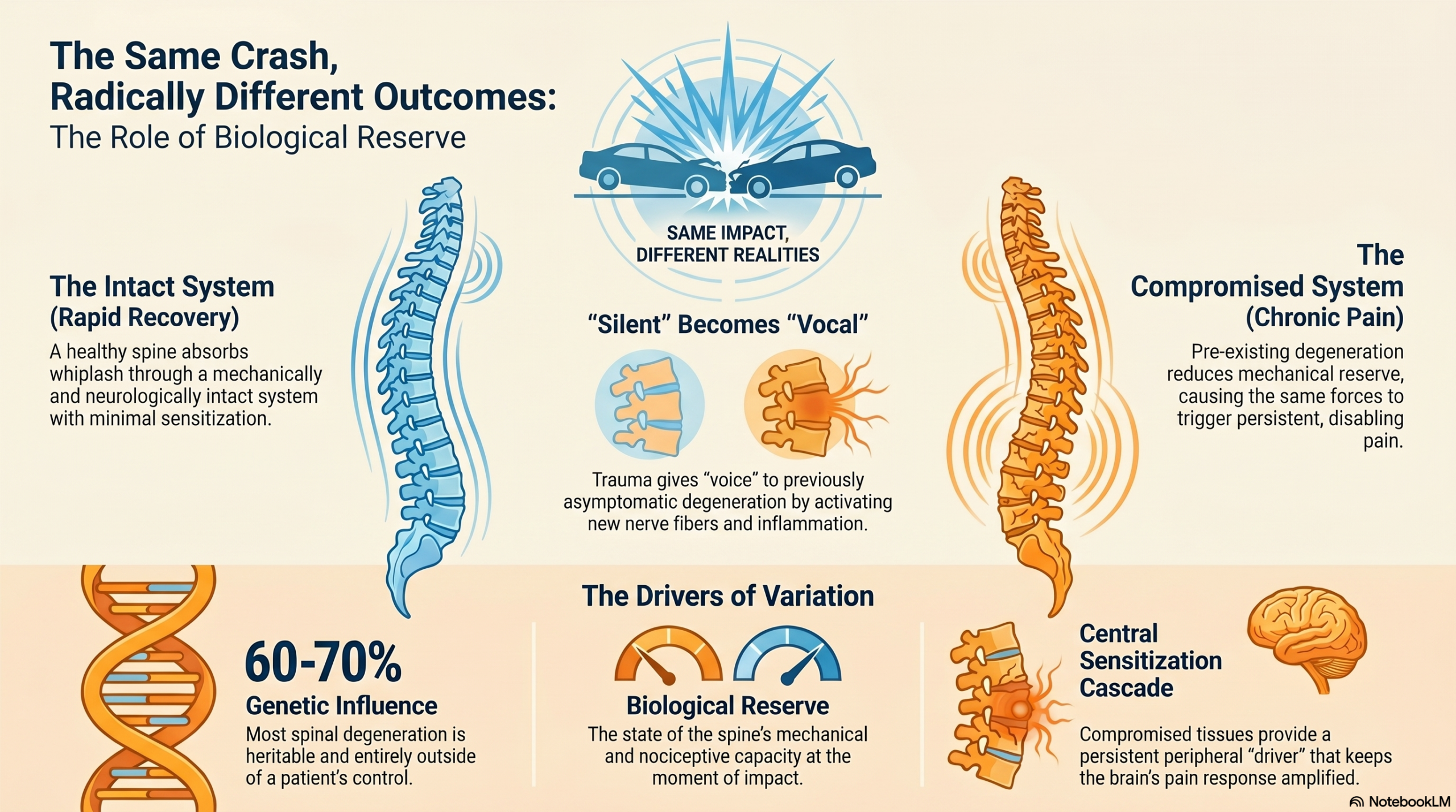 The same crash, radically different outcomes — biological reserve and whiplash recovery