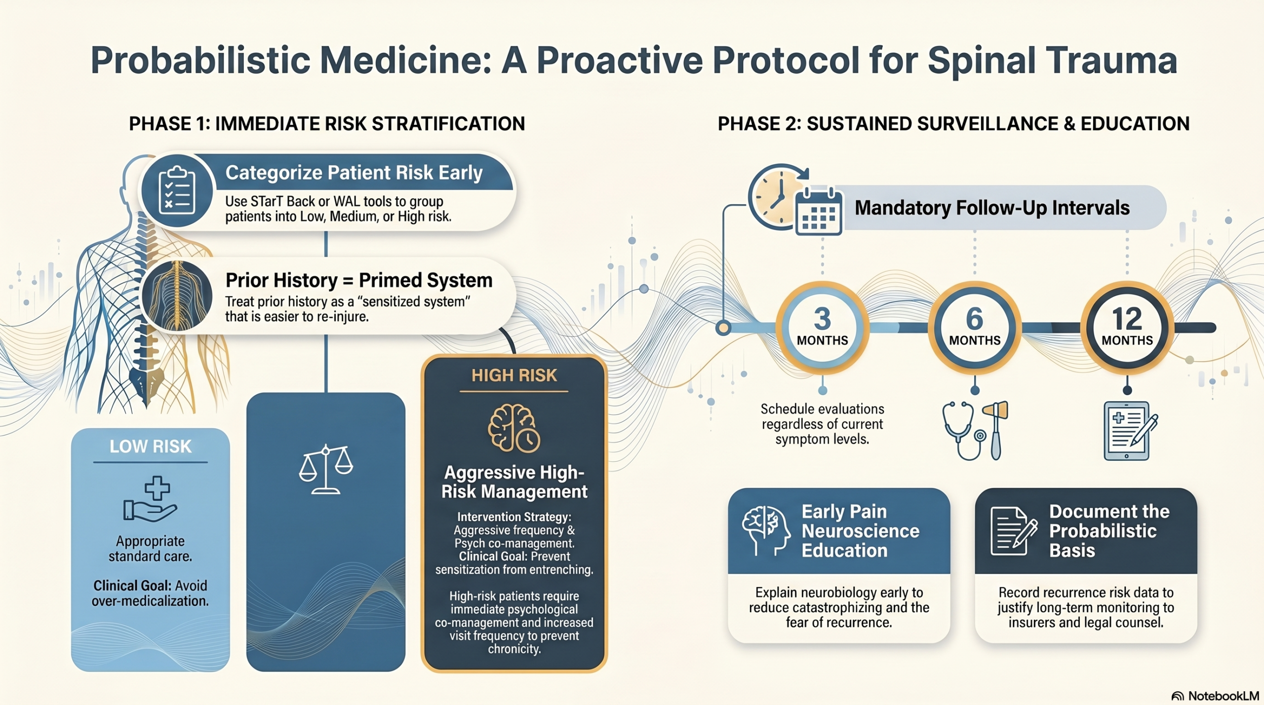 Embracing Probability 4 Infographic showing the four clinical strategies for managing post-collision patients with prior low back pain history: risk stratification, structured follow-up, pain neuroscience education, and documentation