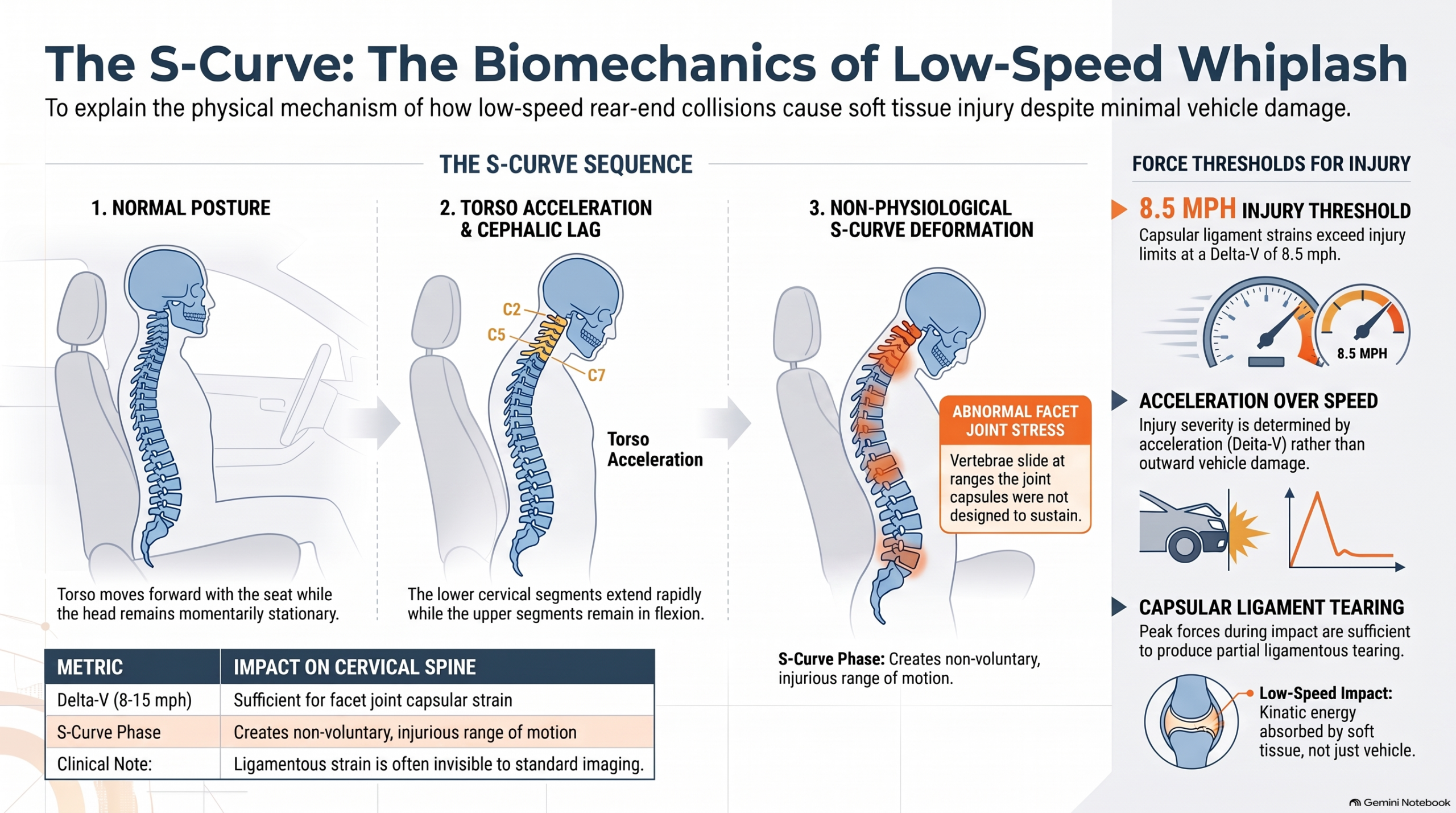 The limits of a "normal" scan 4 The Biomechanics of Low-Speed Impact — infographic showing S-curve deformation, facet joint capsule strain, and delta-V forces during a rear-end collision