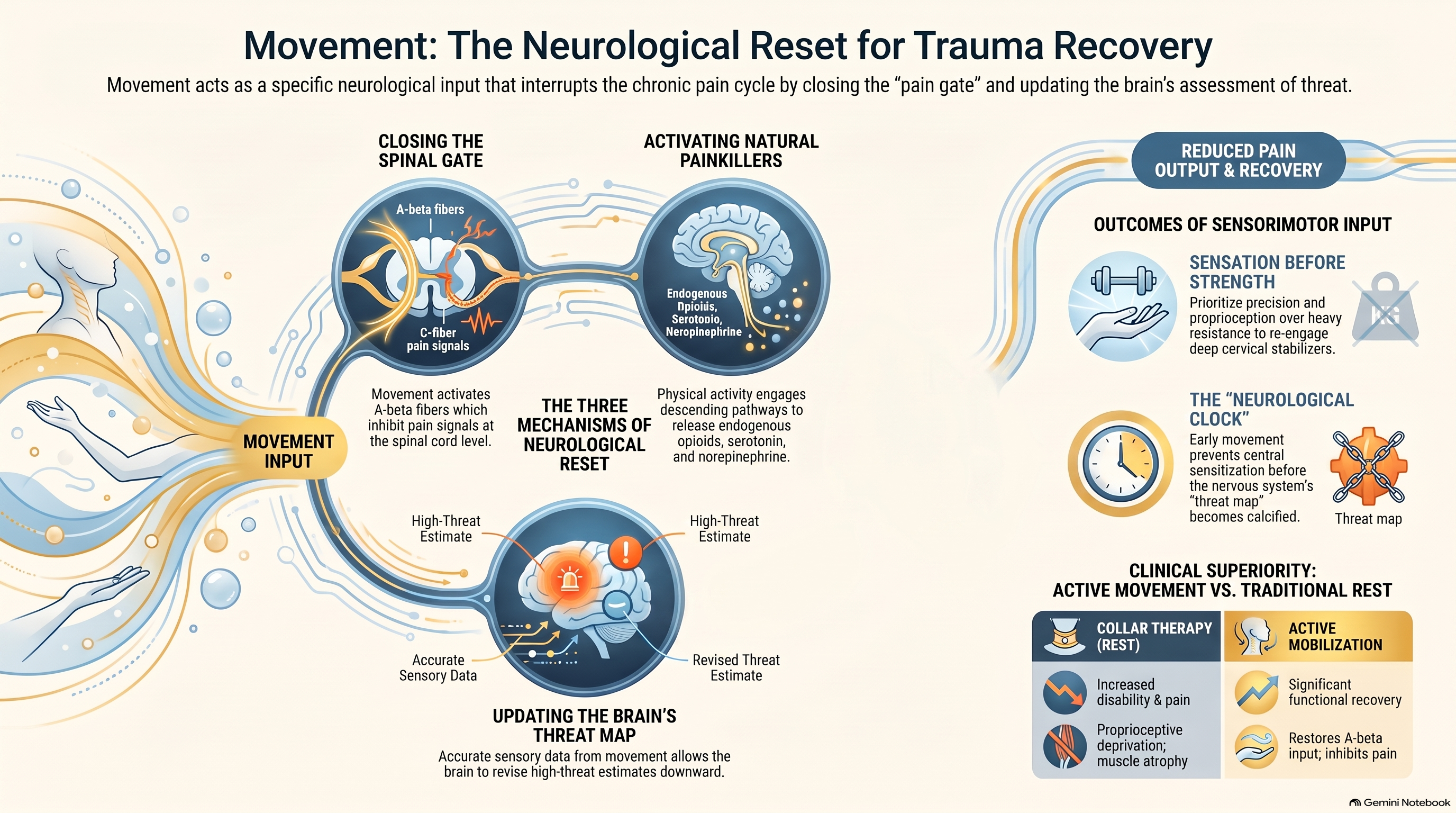 Movement as a Neurological Reset — infographic showing how controlled movement activates A-beta fibers, the descending modulation system, and updates the brain's threat assessment