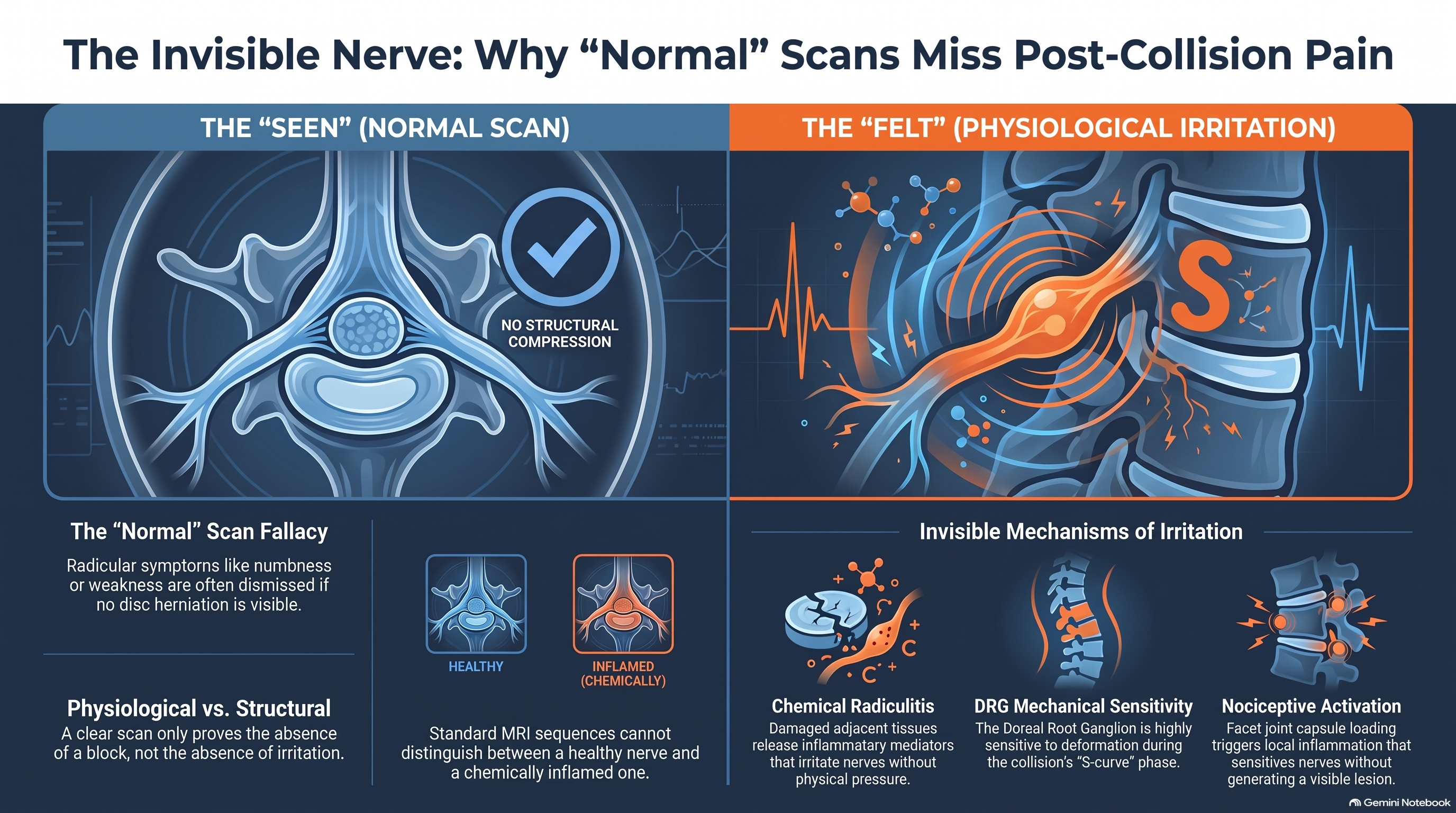 The limits of a "normal" scan 5 Nerve Irritation Without Structural Compression — infographic showing chemical radiculitis, DRG sensitization, and why MRI and EMG appear normal