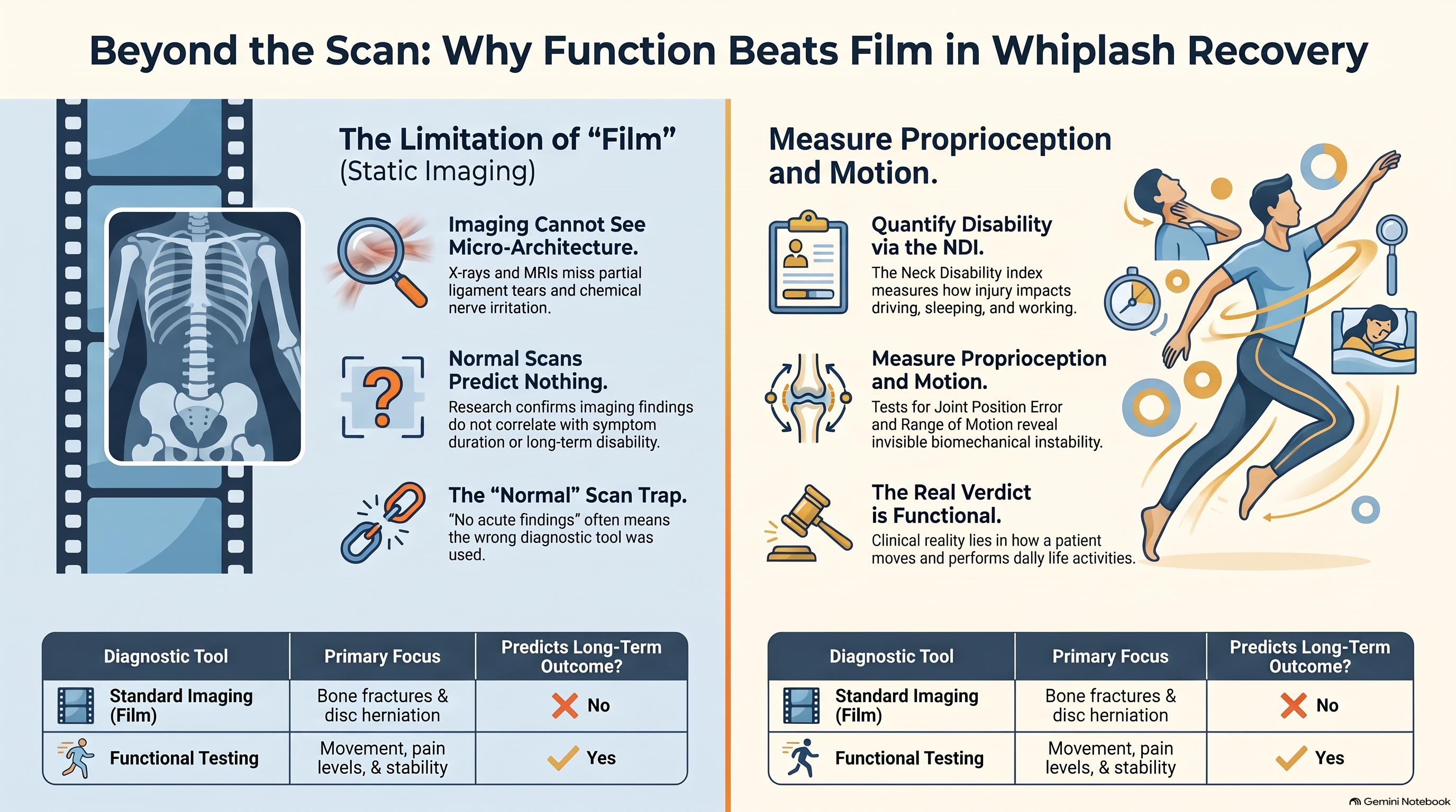 The limits of a "normal" scan 6 The Clinical Standard: Function Over Film — infographic showing NDI, joint position error, cervical range of motion, and pain scale as functional outcome measures