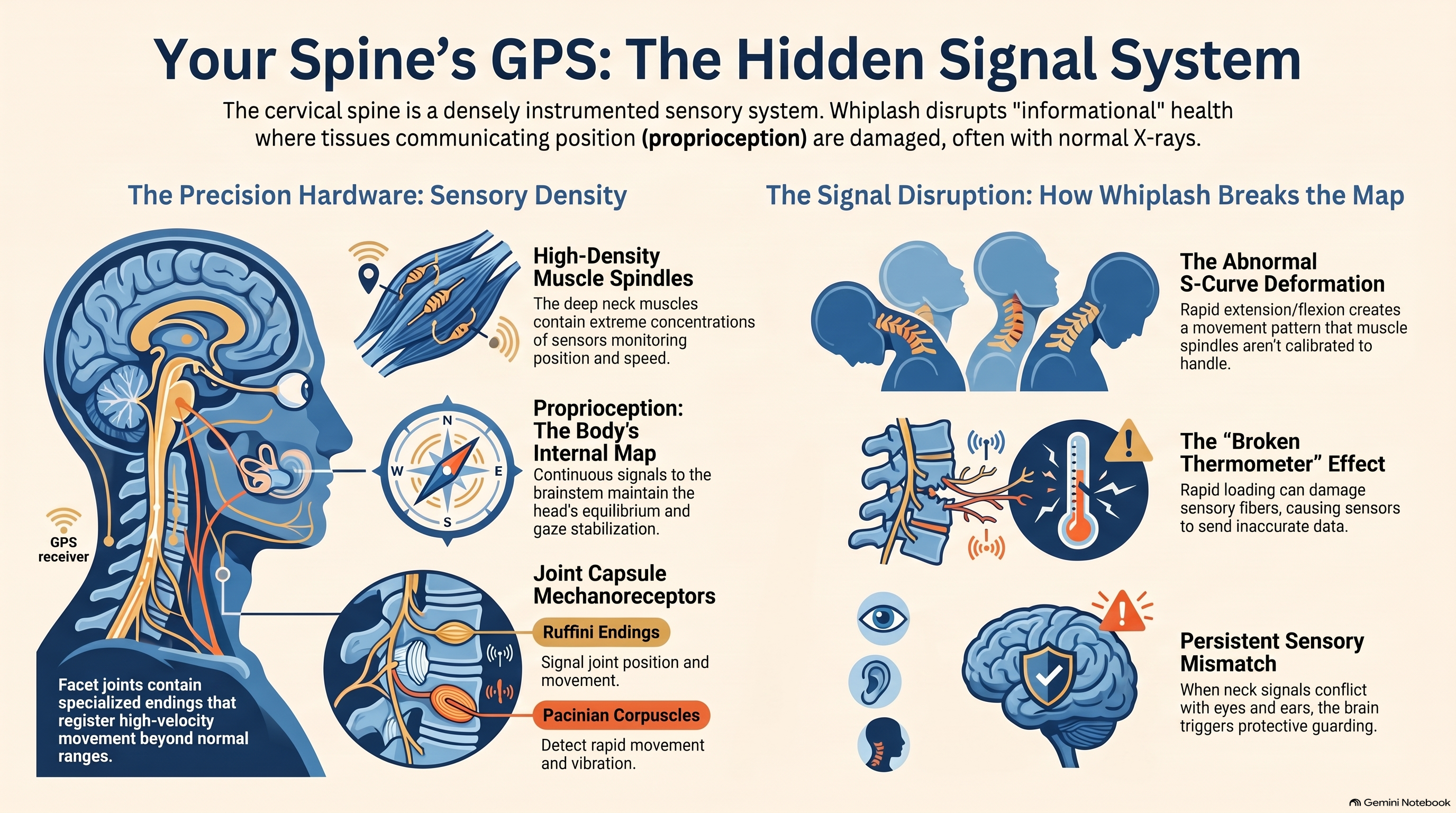 Your Spine's GPS: The Hidden Signal System &mdash; infographic showing muscle spindles, proprioception pathways, and how whiplash disrupts the signal