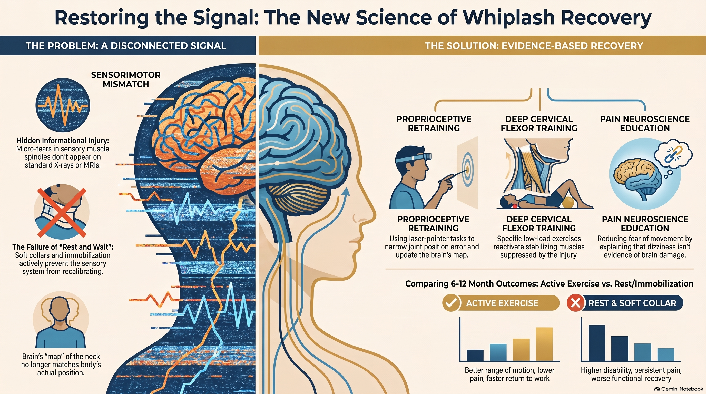 What Evidence-Based Recovery Actually Looks Like &mdash; infographic showing proprioceptive retraining, deep cervical flexor training, pain neuroscience education, and graded movement exposure