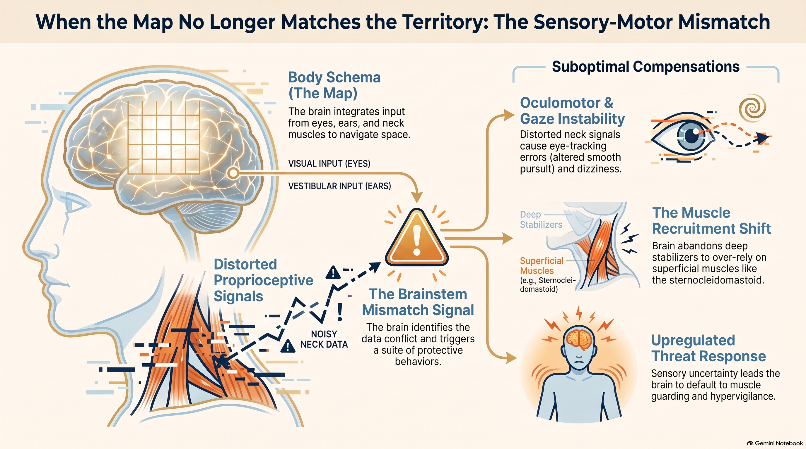 When the Map No Longer Matches the Territory &mdash; infographic showing sensory conflict between proprioception, vestibular, and visual input after whiplash
